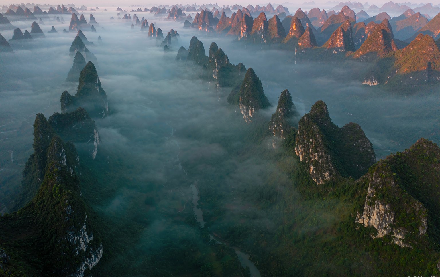 清晨雲海之上的張家界石英砂岩峰林